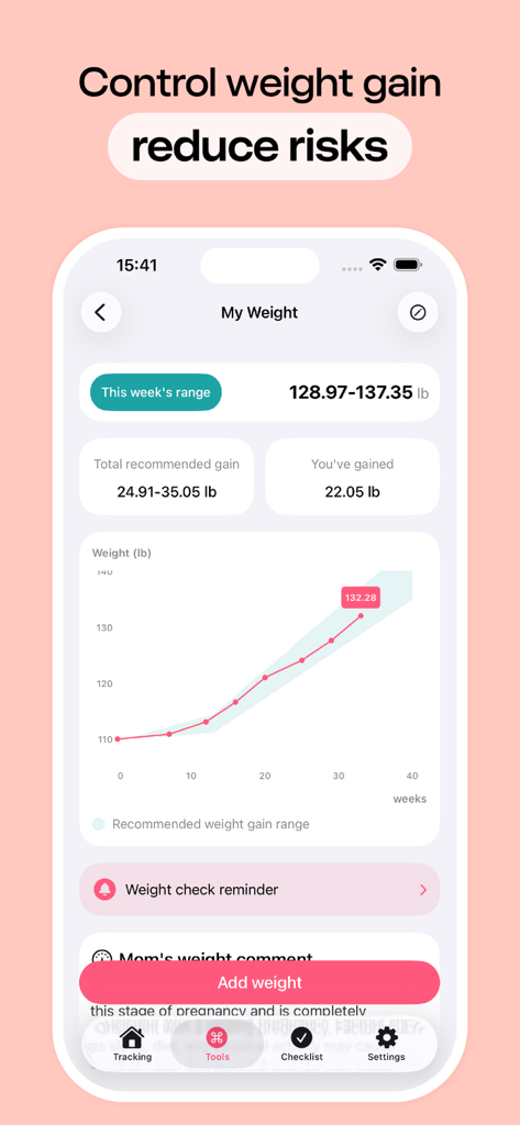 Pregnancy Tracker, Due Date - Una interfaz de aplicación móvil que muestra un gráfico de aumento de peso durante el embarazo con rangos y métricas recomendados.