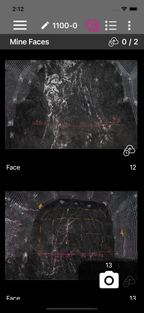 Imago Capture - Application Imago Capture montrant une liste de photographies annotées de fronts de mine avec des marquages géologiques et un statut de synchronisation.