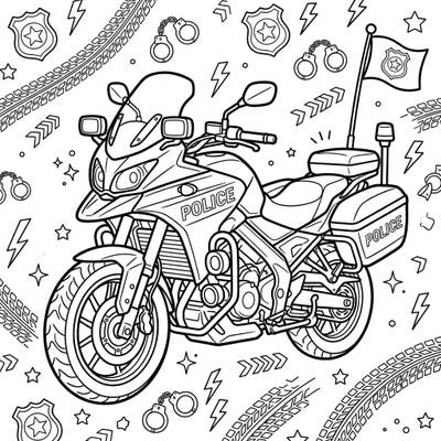 Dive into the exciting world of law enforcement with this dynamic police motorcycle coloring page. Featuring a detailed bike and fun police-themed elements, it's perfect for aspiring heroes and vehicle enthusiasts alike.