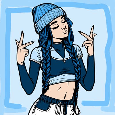 realistic teenage girl with braids and a beanie and crop top doing 🫶🏼