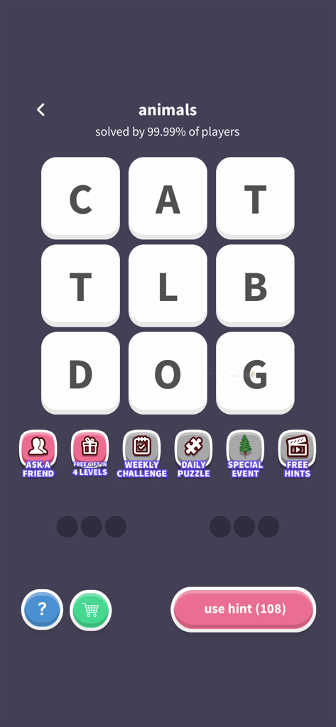 WordWhizzle Search gameplay showing a 3x3 letter grid with an animal theme