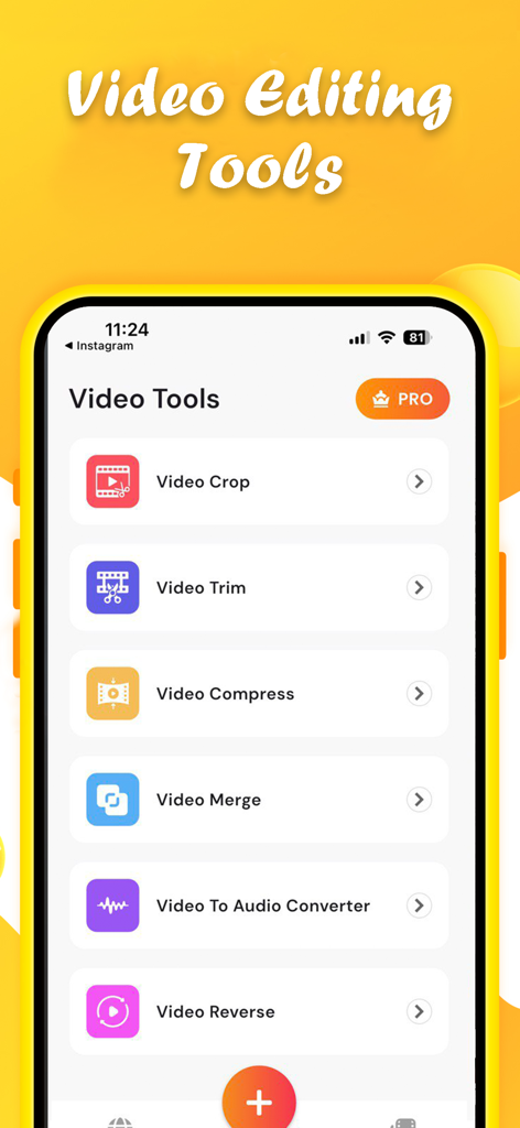 Interface der Helo-App, das eine Liste von Videobearbeitungswerkzeugen anzeigt, einschließlich Zuschneiden, Trimmen und Komprimieren