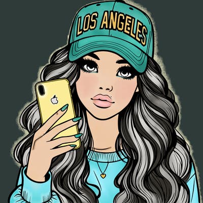 realistic beautiful girl wearing los ángeles cap holding an iphone