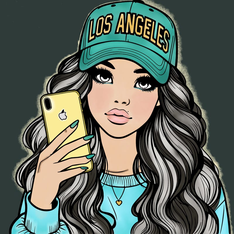realistic beautiful girl wearing los ángeles cap holding an iphone