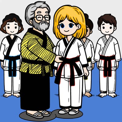 a girl being presented with her red belt by a grand master in front of her fellow students