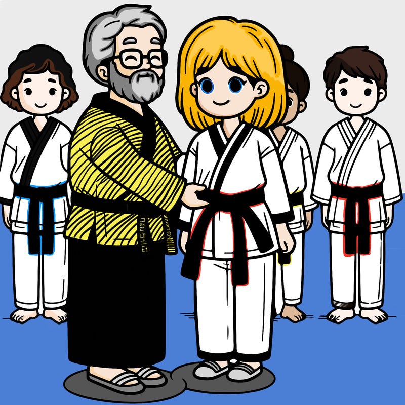 a girl being presented with her red belt by a grand master in front of her fellow students