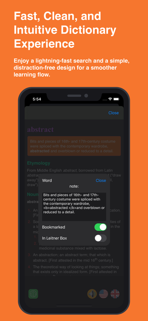 English Dictionary – Offline - Mobile screen showing the Vocapture English dictionary interface in dark mode with word definitions and a bookmarking feature.