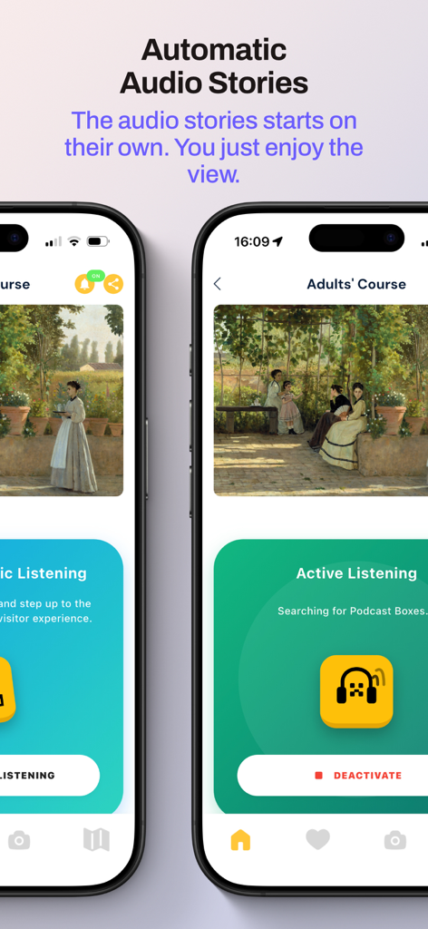Artup - Two iPhone screens showing the ArtUP app automatic audio stories and active listening features for museum tours.