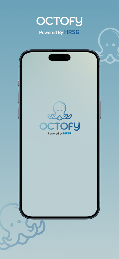 Octofy - Tela de apresentação do aplicativo móvel Octofy com o logotipo do polvo e o nome da marca com tecnologia HRSG