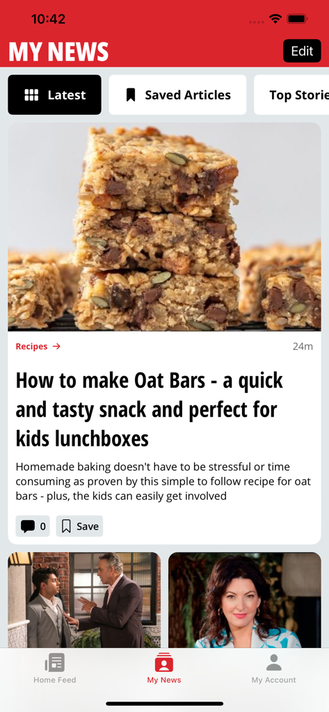 RSVP Live - Screenshot der RSVP Live Mobile App mit dem My News Feed und einem vorgestellten Rezept für Haferriegel.