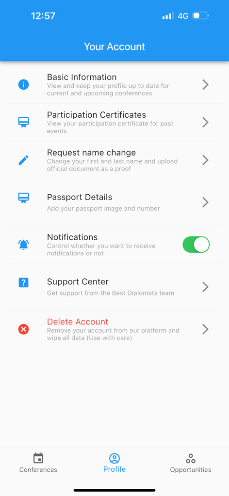 Best Diplomats - Best Diplomats app account screen with profile settings and participation certificates