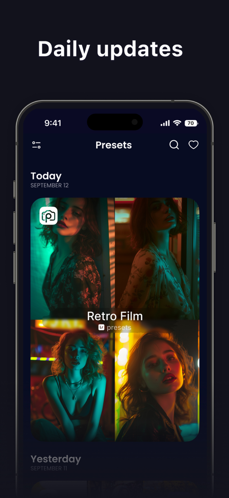 Interface de l'application de préréglages Lightroom montrant les mises à jour quotidiennes et les filtres Rétro Film pour les photos.