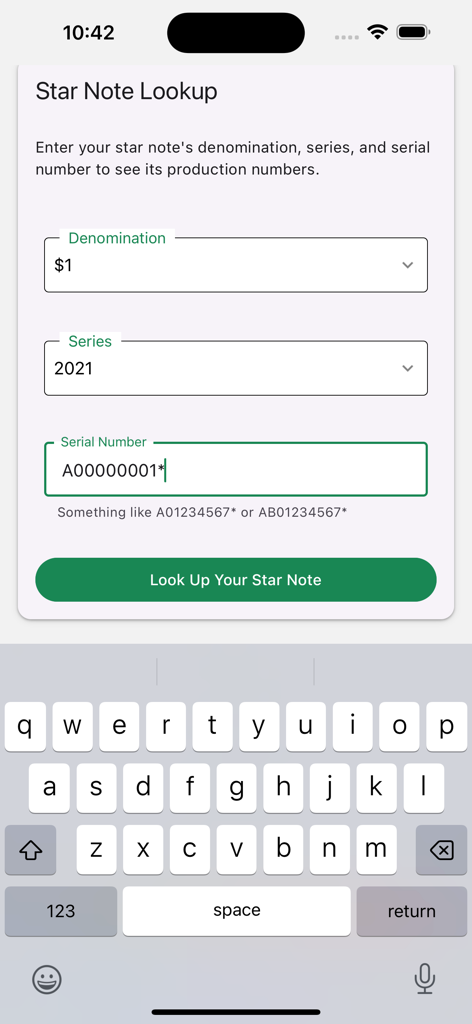 Star note lookup form in MyCurrencyCollection app showing fields for denomination series and serial number