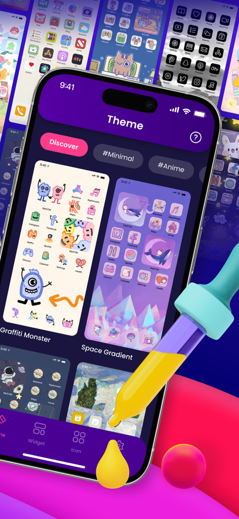 Color Widgets: Icon Themes - Color Widgets app interface showing aesthetic themes like Graffiti Monster and Space Gradient