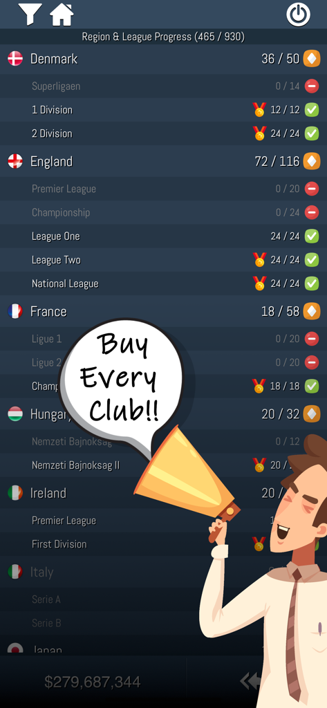 Idle Football Tycoon - A screen showing league and region progress in Idle Football Tycoon with a character saying buy every club