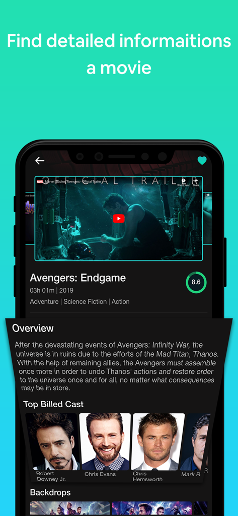 어벤져스 엔드게임의 출연진 및 개요를 보여주는 상세 영화 정보 페이지