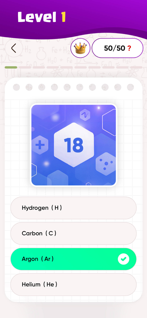 Periodic Table Elements Quiz・ - Level 1 atomic number quiz screen showing Argon as the correct answer
