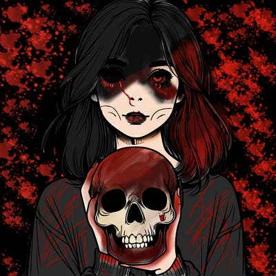 realistic girl holding a skull