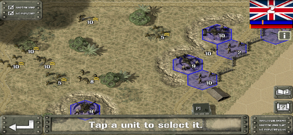 Jogabilidade de mapa tático baseado em hexágonos do Tank Battle Pacific mostrando unidades militares