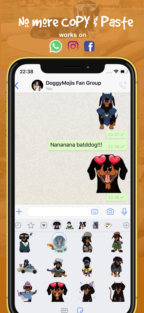 CrusoeMoji - Dachshund sticker - Tela do iPhone exibindo adesivos de dachshund e um teclado de emoji personalizado em uma conversa de chat de mensagens
