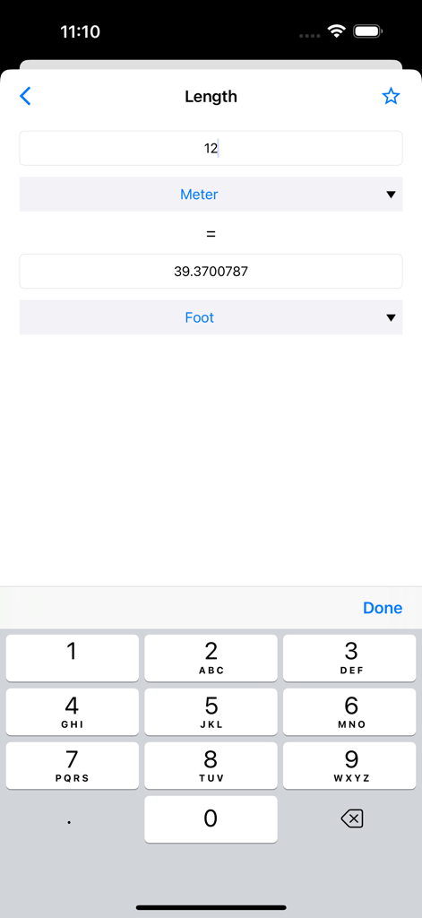 OneCalc length converter interface showing a conversion from meters to feet with a numeric keypad