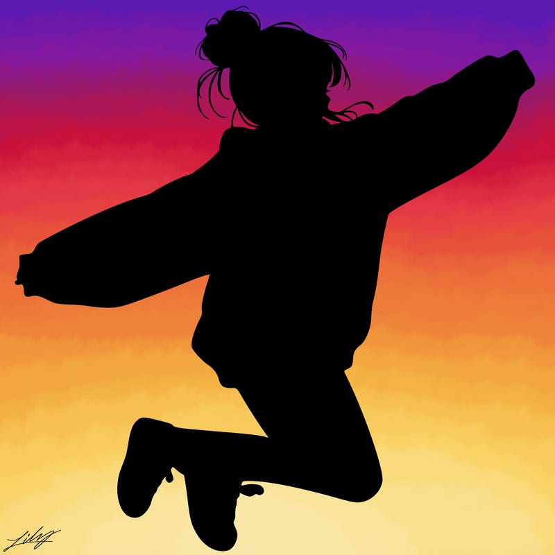 realistic girl jumping with a bun and oversized sweatshirt