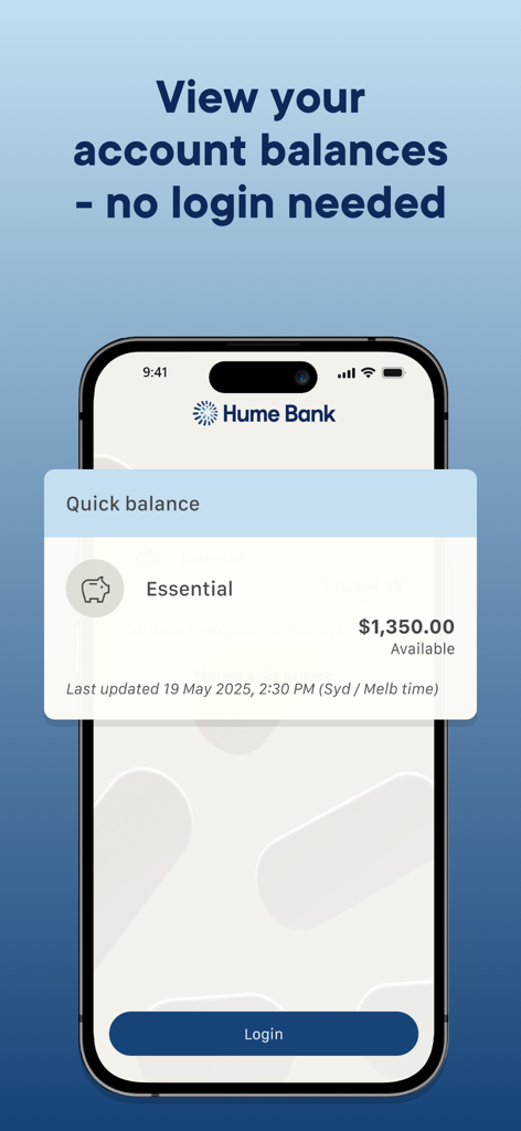 Hume Bank - Hume Bank mobile app displaying account balance using the Quick Balance feature without requiring a login