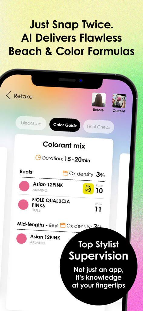AI Color Recipe - Screen showing AI generated hair color mixing instructions for roots and mid lengths