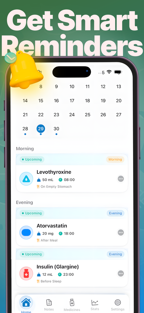 Interface do aplicativo MedTracker de Lembrete de Medicamentos exibindo uma agenda diária de medicamentos e lembretes inteligentes