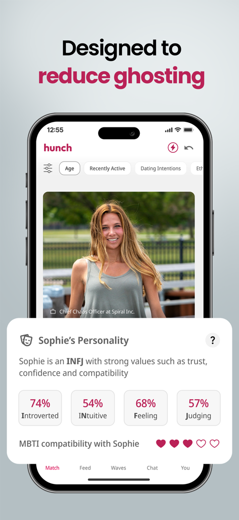 Hunch dating app interface showing MBTI personality traits and compatibility metrics for a user profile