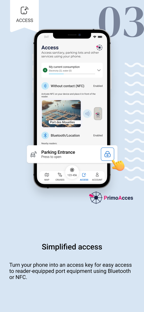 Pantalla de teléfono inteligente que muestra la función de acceso al puerto de la aplicación Passeport Escales para servicios portuarios a través de NFC y Bluetooth.