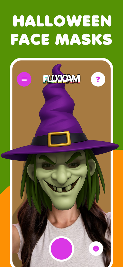 Funny face filters FluoCam - Interfaz de la aplicación FluoCam mostrando una máscara facial AR de bruja de Halloween en tiempo real con un sombrero morado y piel verde.