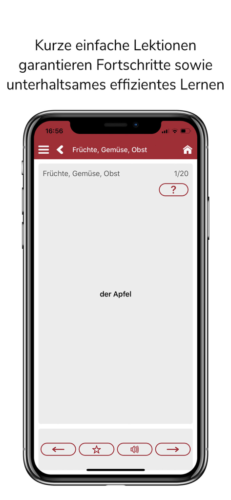Um screenshot do aplicativo Vokabeltrainer Sursilvan mostrando uma lição de vocabulário de frutas e vegetais em um iPhone.