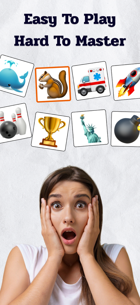 A young woman with a shocked expression reacting to the Say The Word On Beat rhythm challenge game showing various word icons