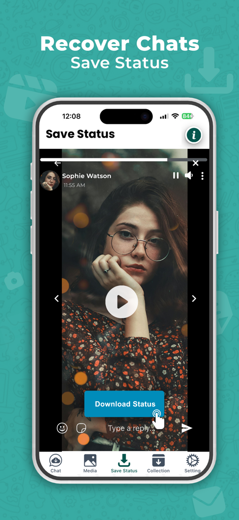 Interfaz de la aplicación WAMR que muestra la función Guardar Estado para descargar videos e imágenes de historias.