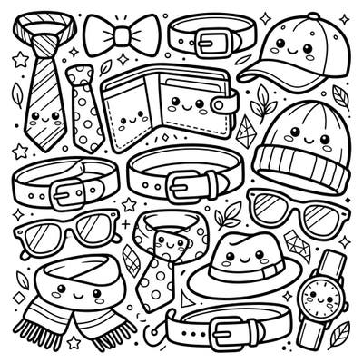 Dive into a world of cuteness with this Kawaii Men's Accessories coloring page, featuring charming ties, hats, belts, and more. Each item is brought to life with adorable smiling faces, ready for your creative touch.