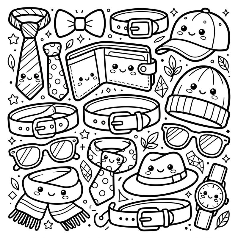 Dive into a world of cuteness with this Kawaii Men's Accessories coloring page, featuring charming ties, hats, belts, and more. Each item is brought to life with adorable smiling faces, ready for your creative touch.