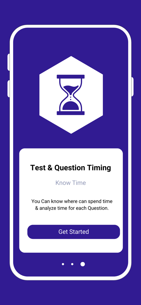 Una pantalla de incorporación para la aplicación Veterinary Exam MCQs que muestra la función de tiempo de prueba y pregunta con un icono de reloj de arena.