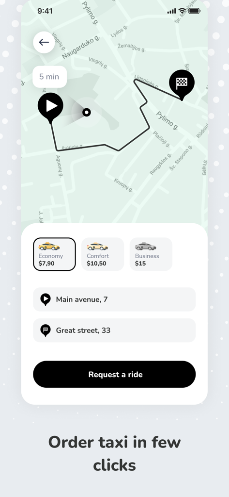 Fenix Ride - Interface of Fenix Ride app for ordering a taxi with map route and vehicle options.