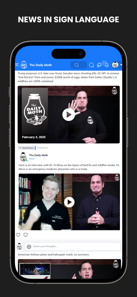 The Daily Moth app interface showing news stories and videos presented in American Sign Language.