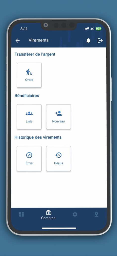 BT Mobile - Interface of the BT Mobile app showing the transfers menu with options for money orders, beneficiaries and history.