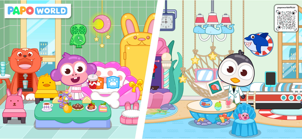 Papo Town Clinic Doctor - A split screen showing a monkey character in a play room and a penguin doctor in a medical office within the Papo Town Clinic