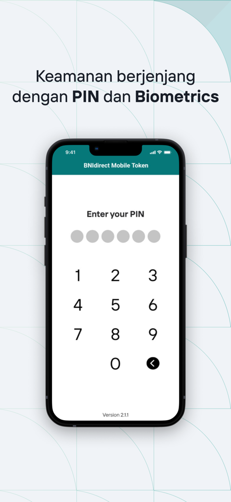 숫자 PIN 입력 패드를 보여주는 BNI Mobile Token 앱의 보안 화면