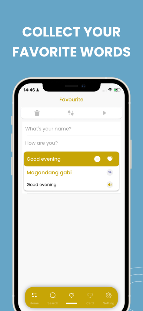A mobile interface of the Learn Tagalog app showing a list of favorite phrases including the Tagalog translation for Good evening