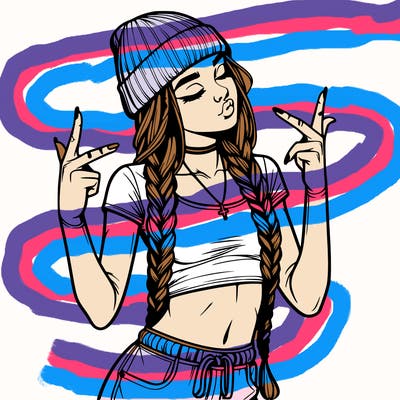 realistic teenage girl with braids and a beanie and crop top doing 🫶🏼