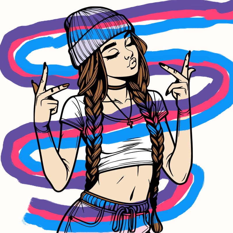realistic teenage girl with braids and a beanie and crop top doing 🫶🏼