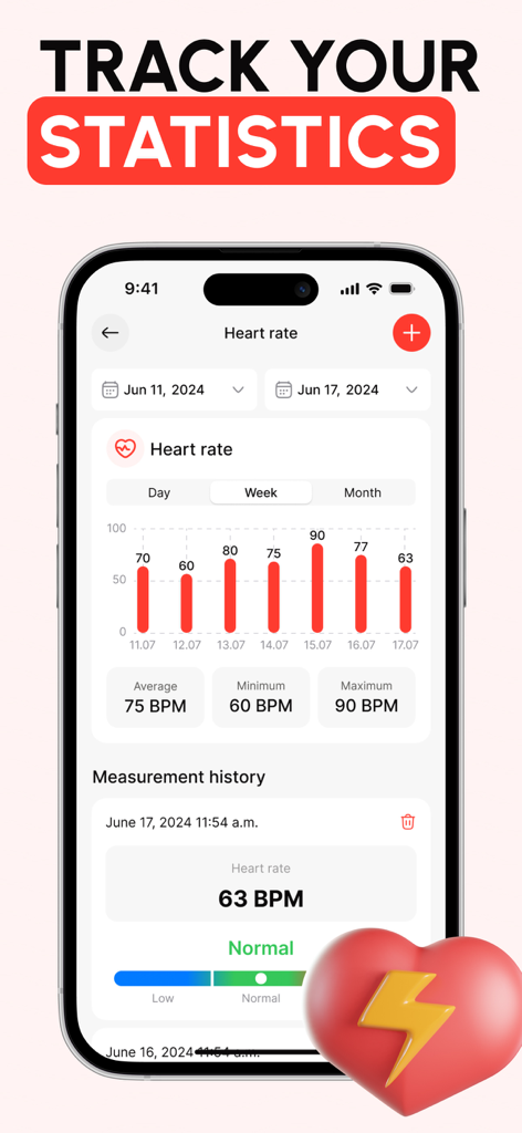 Blood Pressure. Health Monitor - A smartphone screen displaying a weekly heart rate statistics graph and measurement history showing BPM data.