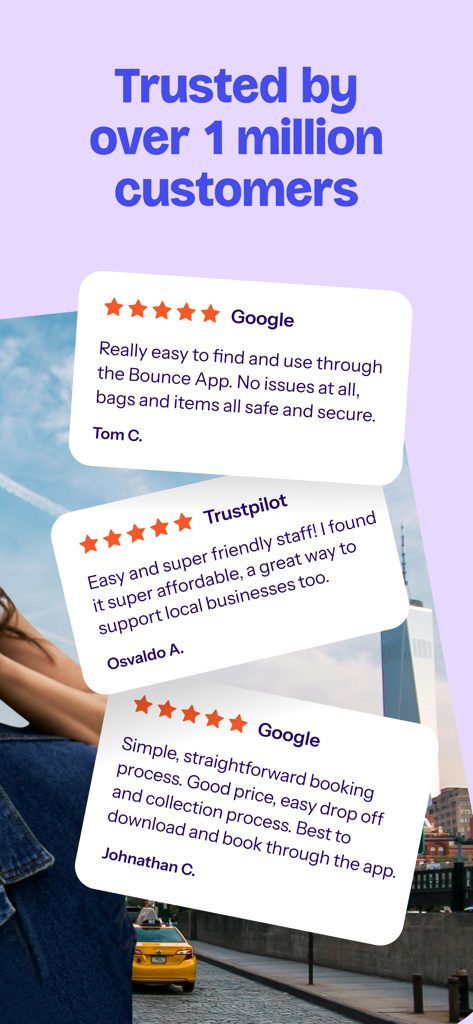 GoogleとTrustpilotユーザーからの高評価を示すBounce荷物預かりアプリの顧客レビュー
