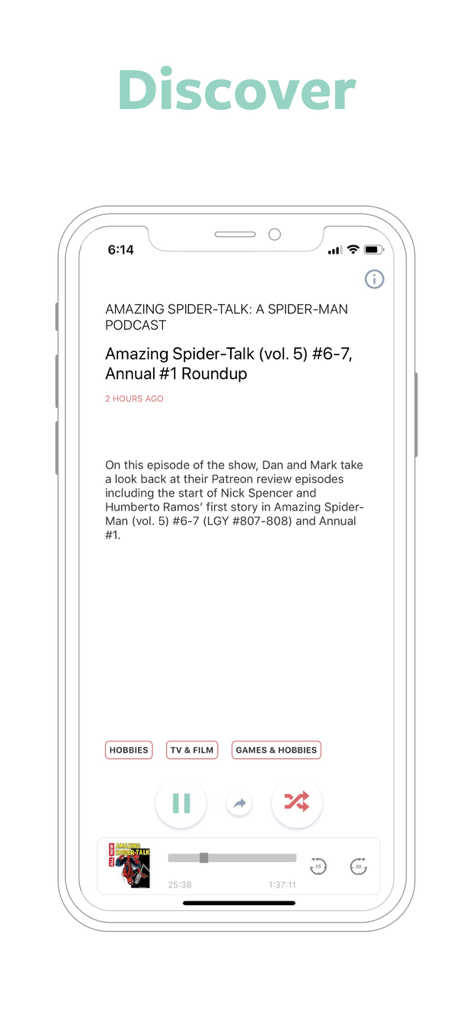 Just Listen app Discover screen displaying a Spider-Man podcast episode