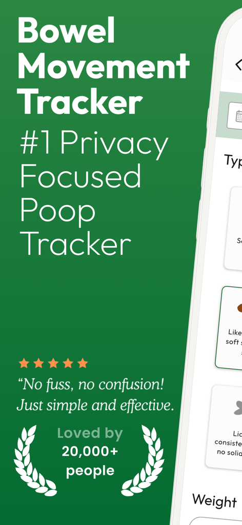 Promotional screen for the Poop and Bowel Movement Tracker app highlighting its privacy features and positive user reviews.
